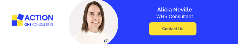 Banner with the Action OHS Consulting logo, a portrait of a woman with brown hair, and text: "Alicia Neville, WHS Consultant—Expert in psychosocial risk controls." A yellow "Contact Us" button appears on a blue background.