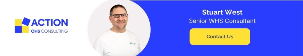 Banner showing the Action OHS Consulting logo, a man wearing glasses and a white shirt, and text: "Stuart West, Senior WHS Consultant" with a yellow "Contact Us" button on a blue background.